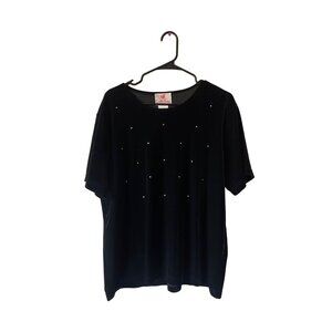 Quacker Factory Black Velour Rhinestone Velvet Short Sleeve Women's Top Size L‎